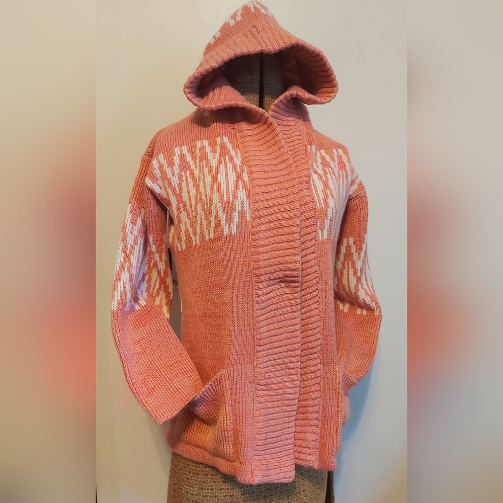 Vintage 70's Coral heavy knit cardigan Fair Isle print pointed hood thick warm